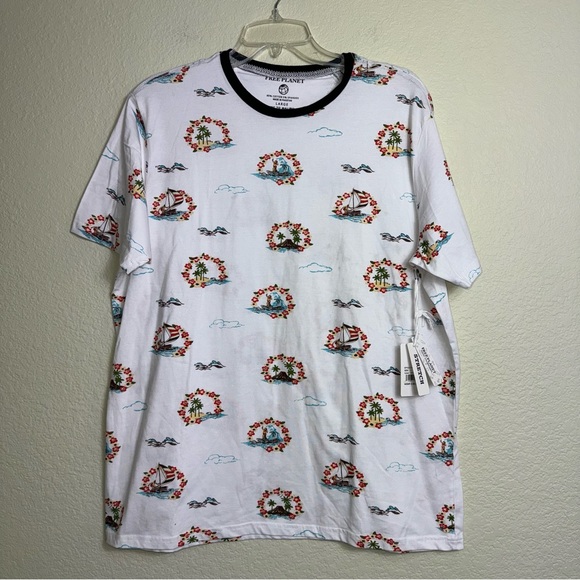 Free Planet Men's Short Sleeve T-Shirt Size L Stretch Surfing Palm Trees‎ NWT - Picture 1 of 6